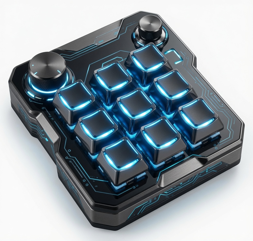 MechaPad Edition One draft design — macro pad with lit keys and two dials